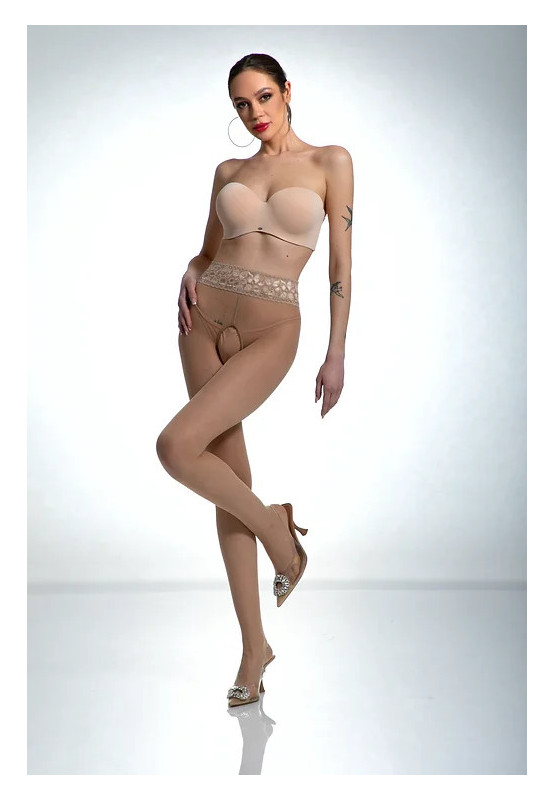 Nudefarbene Amour Hip Lace-Strumpfhose mit Loch im Schritt und Spitze