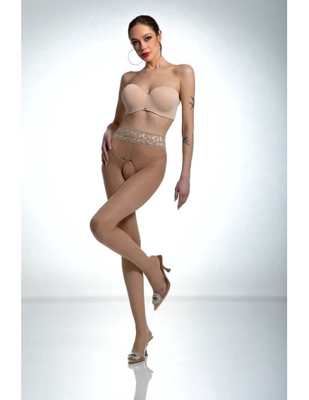 Nudefarbene Amour Hip Lace-Strumpfhose mit Loch im Schritt und Spitze