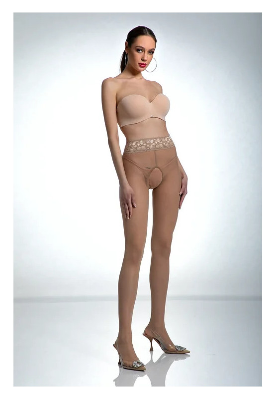 Nudefarbene Amour Hip Lace-Strumpfhose mit Loch im Schritt und Spitze