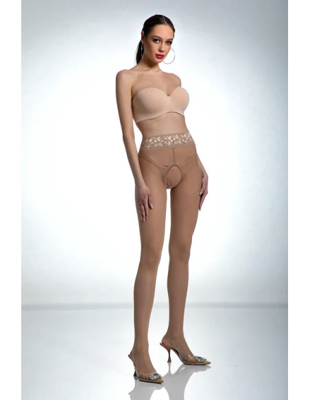 Nudefarbene Amour Hip Lace-Strumpfhose mit Loch im Schritt und Spitze