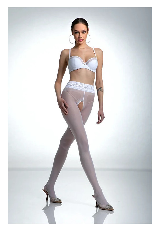 Weiße Amour Hip Lace-Strumpfhose mit Loch im Schritt und Spitze
