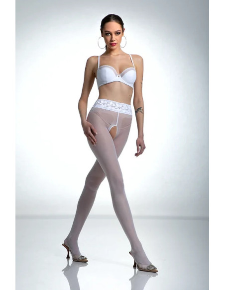 Weiße Amour Hip Lace-Strumpfhose mit Loch im Schritt und Spitze