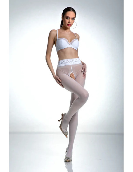 Weiße Amour Hip Lace-Strumpfhose mit Loch im Schritt und Spitze