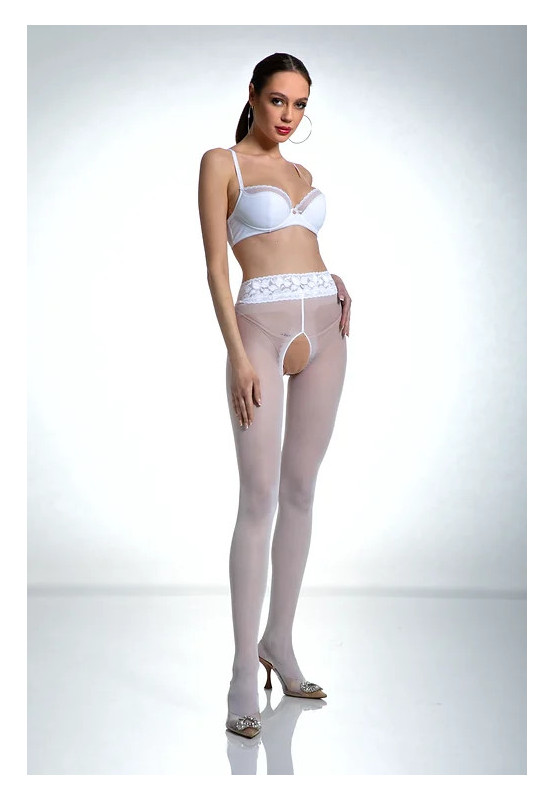 Weiße Amour Hip Lace-Strumpfhose mit Loch im Schritt und Spitze