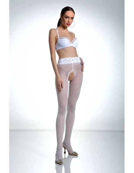 Weiße Amour Hip Lace-Strumpfhose mit Loch im Schritt und Spitze