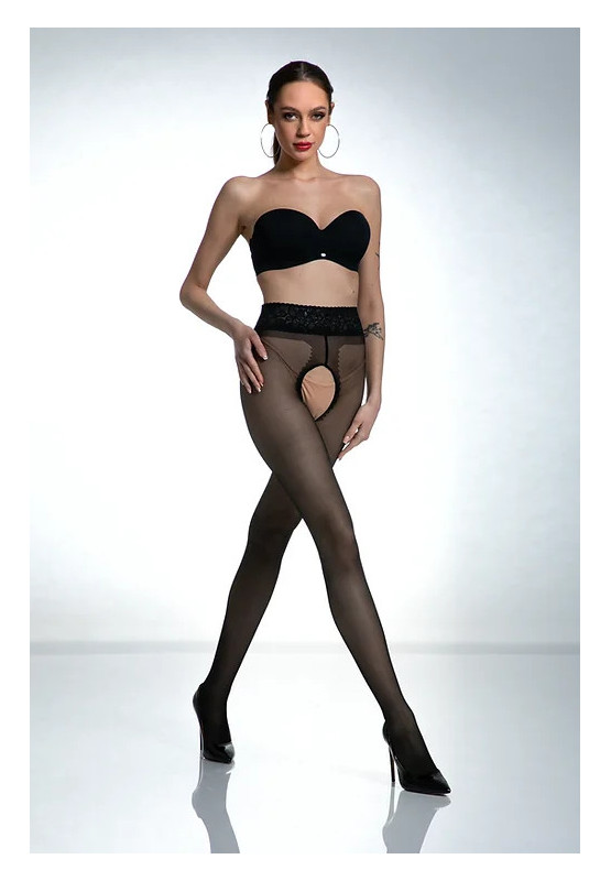 Schwarze Amour Hip Lace-Strumpfhose mit Loch im Schritt und Spitze
