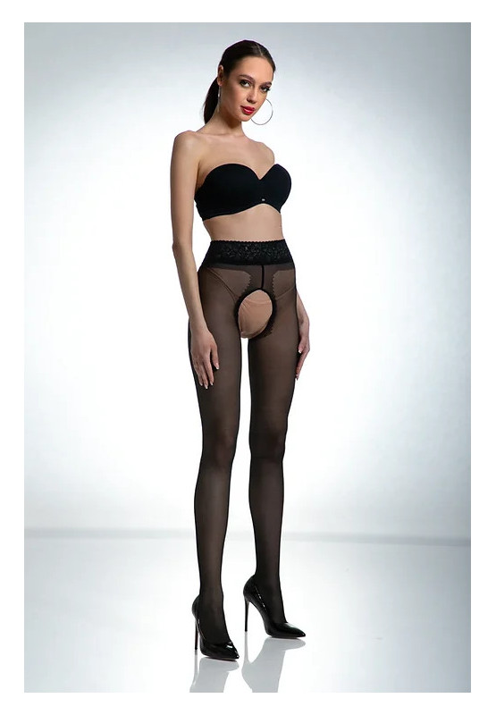 Schwarze Amour Hip Lace-Strumpfhose mit Loch im Schritt und Spitze