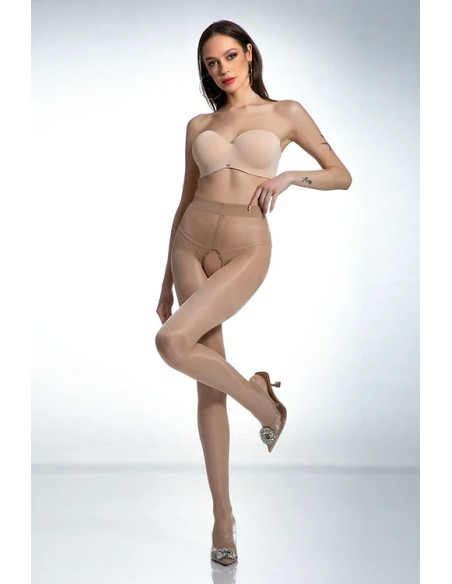Beige Amour Hip Gloss Strumpfhose mit Loch im Schritt, glänzend