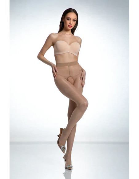 Beige Amour Hip Gloss Strumpfhose mit Loch im Schritt, glänzend