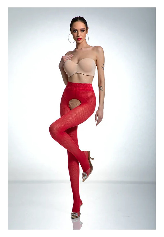 Red Amour Nymph Strumpfhose mit offenem Schritt und Netzmuster