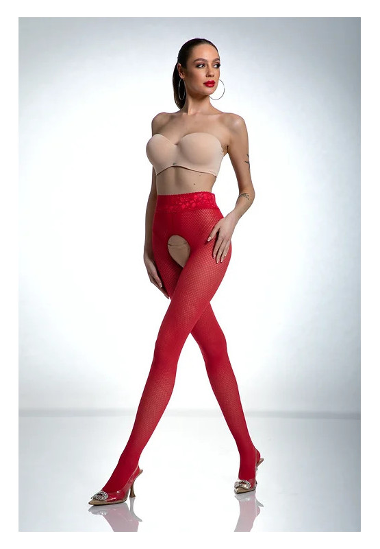 Red Amour Nymph Strumpfhose mit offenem Schritt und Netzmuster