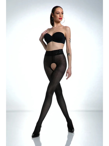Schwarze Amour Nymph-Strumpfhose mit offenem Schritt und Netzmuster