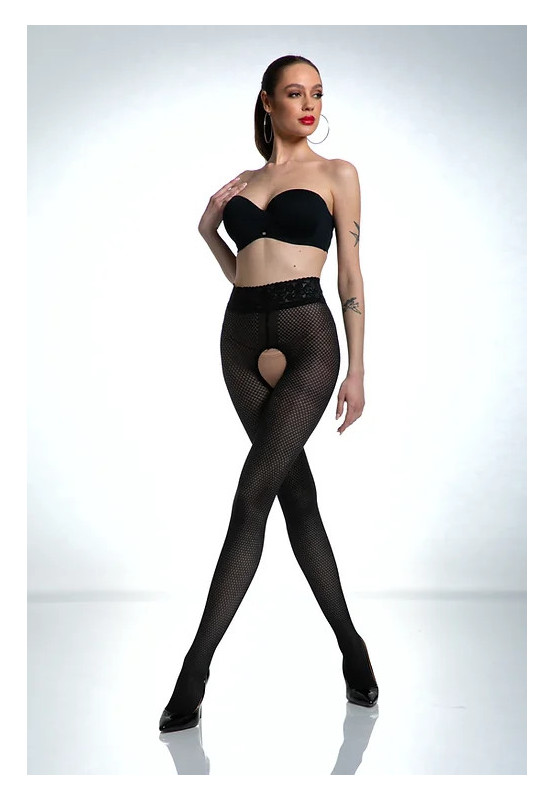 Schwarze Amour Nymph-Strumpfhose mit offenem Schritt und Netzmuster