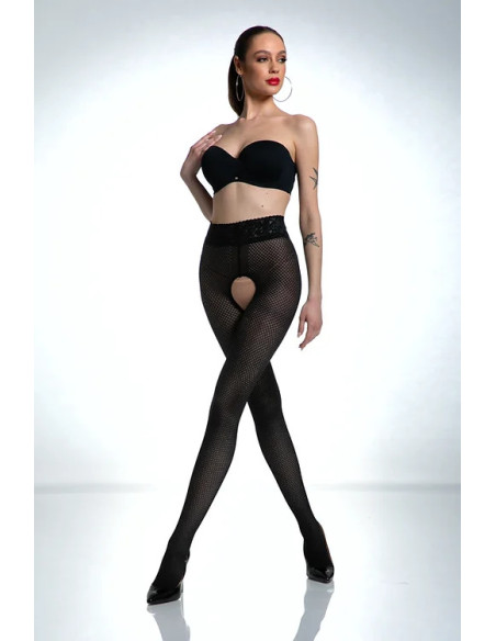 Schwarze Amour Nymph-Strumpfhose mit offenem Schritt und Netzmuster