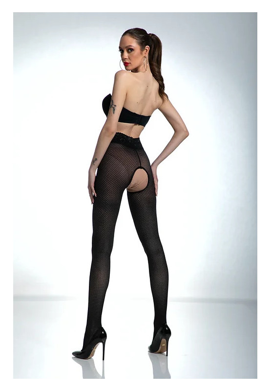 Schwarze Amour Nymph-Strumpfhose mit offenem Schritt und Netzmuster