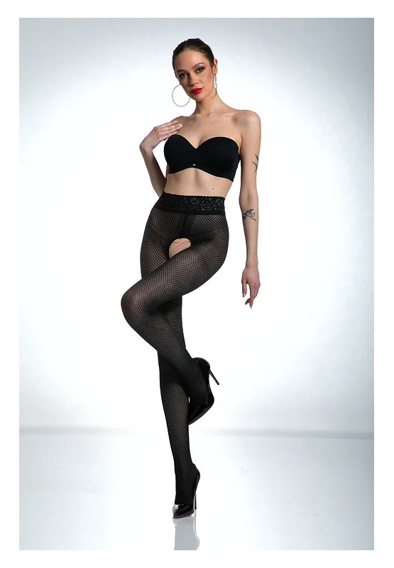 Schwarze Amour Nymph-Strumpfhose mit offenem Schritt und Netzmuster