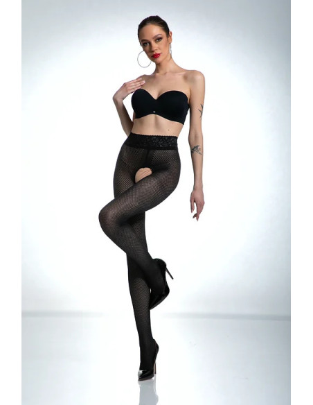 Schwarze Amour Nymph-Strumpfhose mit offenem Schritt und Netzmuster