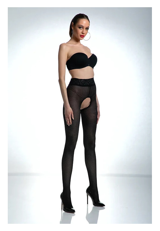 Schwarze Amour Nymph-Strumpfhose mit offenem Schritt und Netzmuster