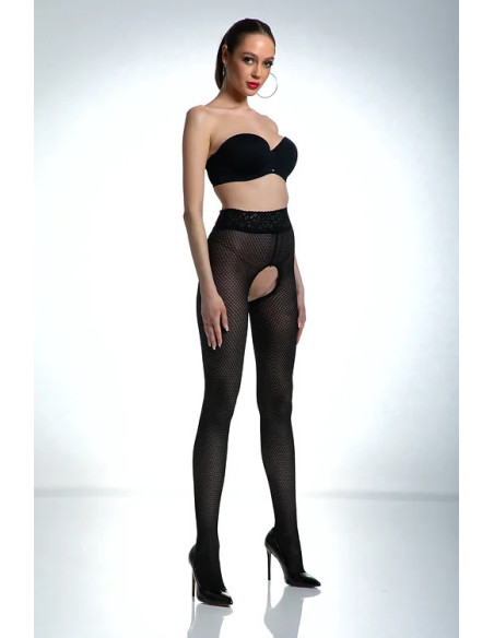 Schwarze Amour Nymph-Strumpfhose mit offenem Schritt und Netzmuster