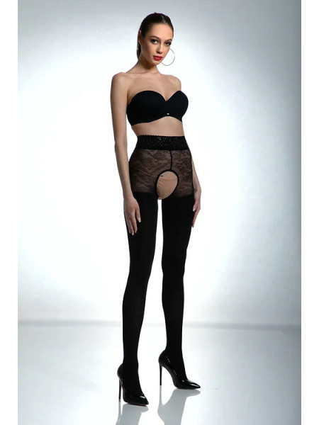 Schwarze Amour -Strumpfhose mit offenem Schritt und Zirkonen, 80 den