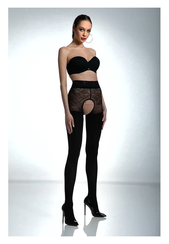 Schwarze Amour -Strumpfhose mit offenem Schritt und Zirkonen, 80 den