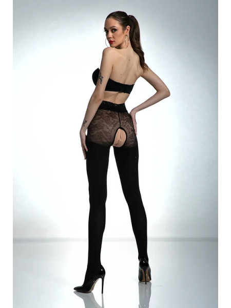 Schwarze Amour -Strumpfhose mit offenem Schritt und Zirkonen, 80 den 2