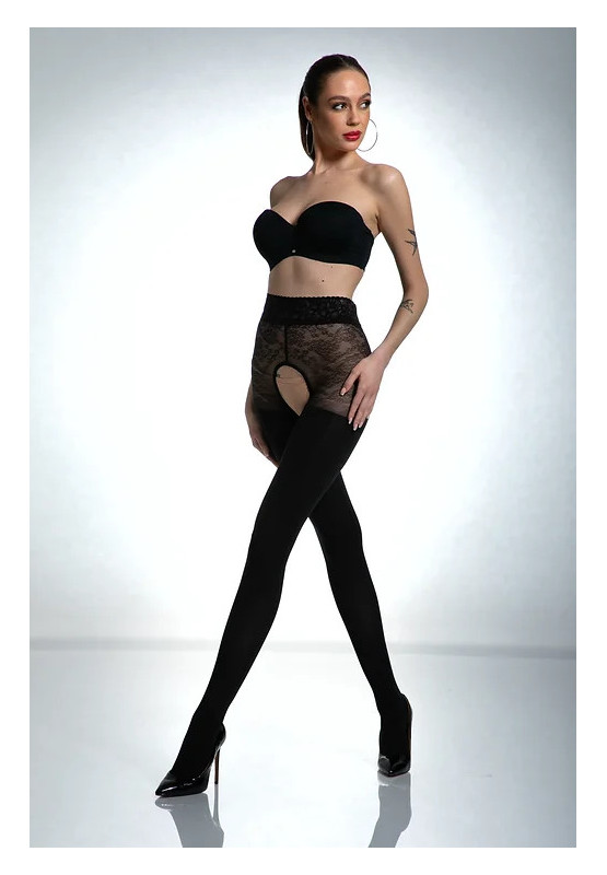 Schwarze Amour -Strumpfhose mit offenem Schritt und Zirkonen, 80 den