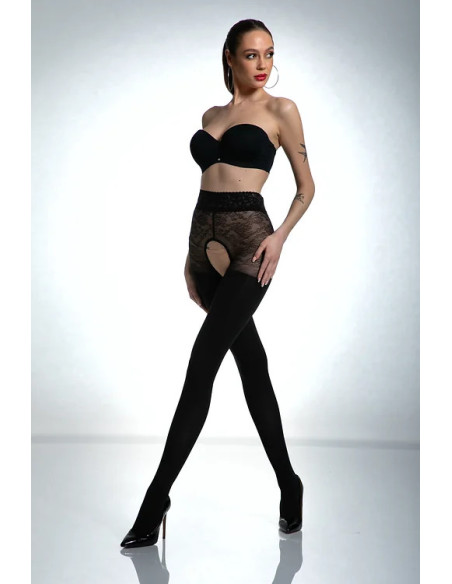 Schwarze Amour -Strumpfhose mit offenem Schritt und Zirkonen, 80 den