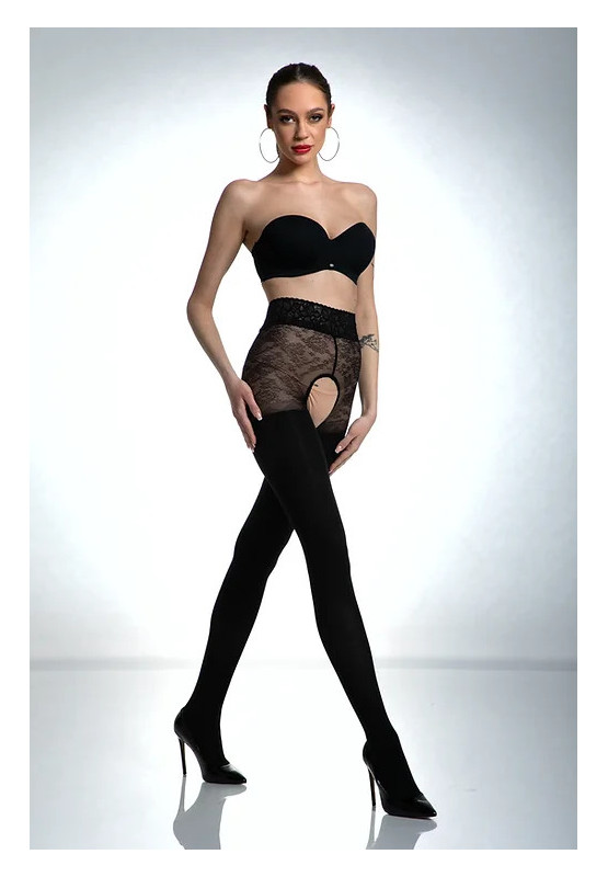 Schwarze Amour -Strumpfhose mit offenem Schritt und Zirkonen, 80 den