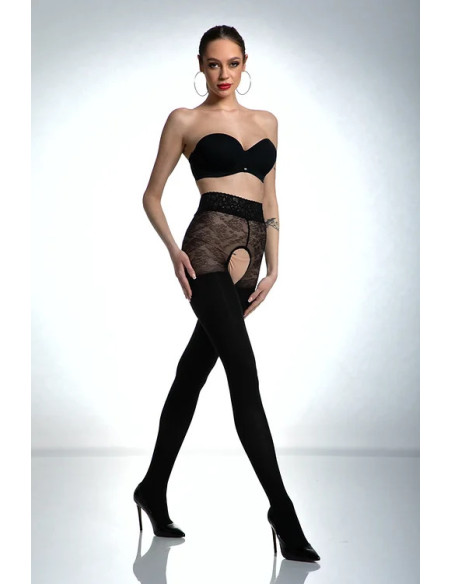 Schwarze Amour -Strumpfhose mit offenem Schritt und Zirkonen, 80 den