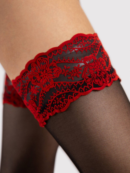 Schwarze selbsttragende Strümpfe mit roter Spitze 2