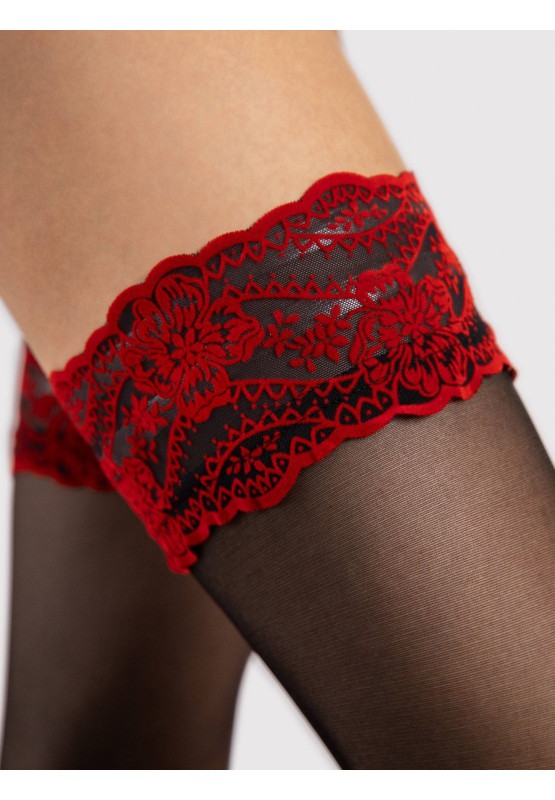 Schwarze selbsttragende Strümpfe mit roter Spitze