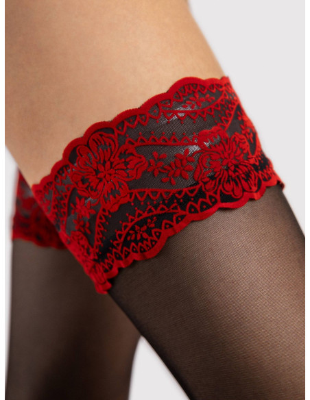 Schwarze selbsttragende Strümpfe mit roter Spitze